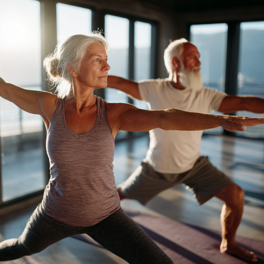 Mature adults engaging in strength training session with focused determination