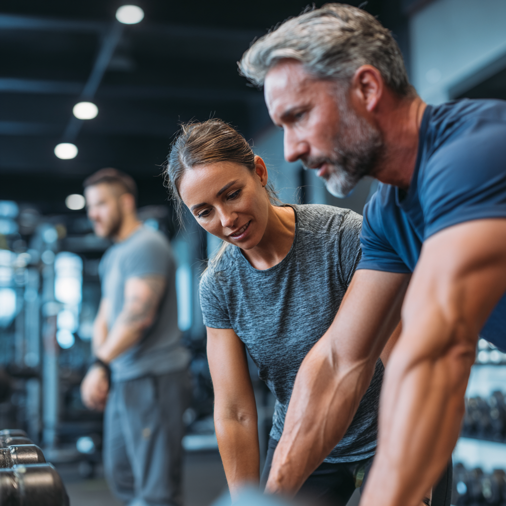 Professional fitness coaches working with middle-aged clients in modern training facility